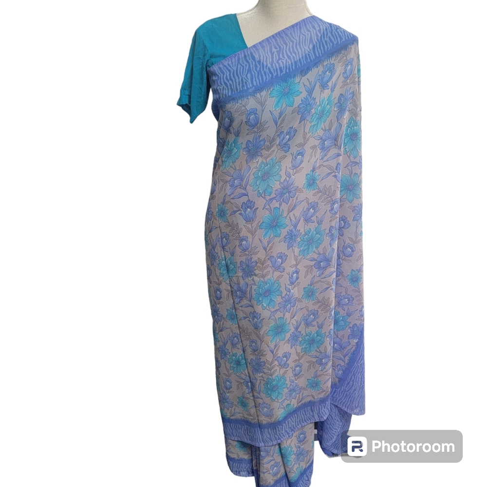 Blue flower print saree/sari for party wear